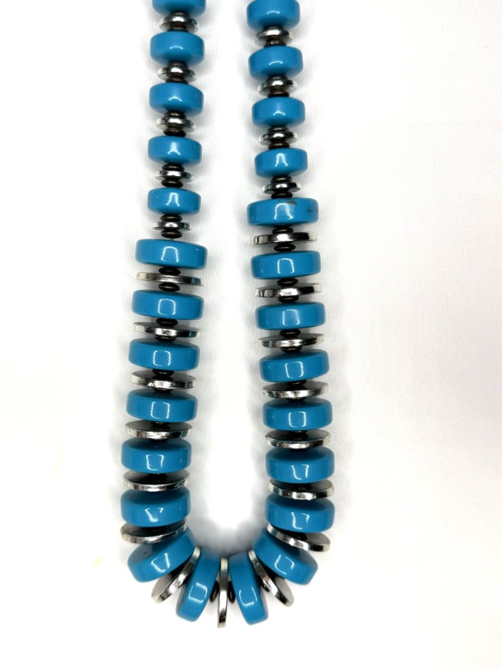 Vintage Southwest Style Necklace 30” Turquoise-Blue Acrylic & Silver-Tone Beaded - Picture 3 of 9